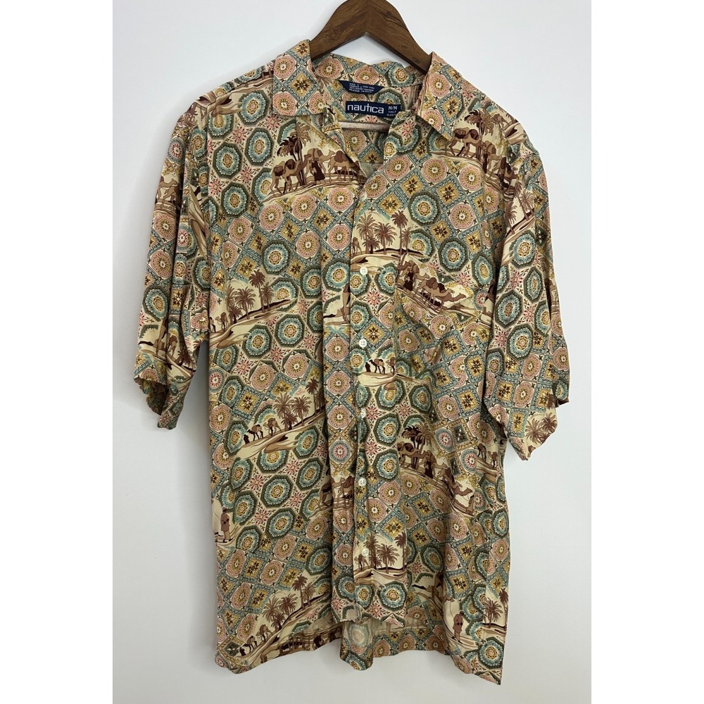 Vintage Nautica Moroccan Medallion Camel Print Button Shirt Mens Medium Resort - Picture 2 of 14